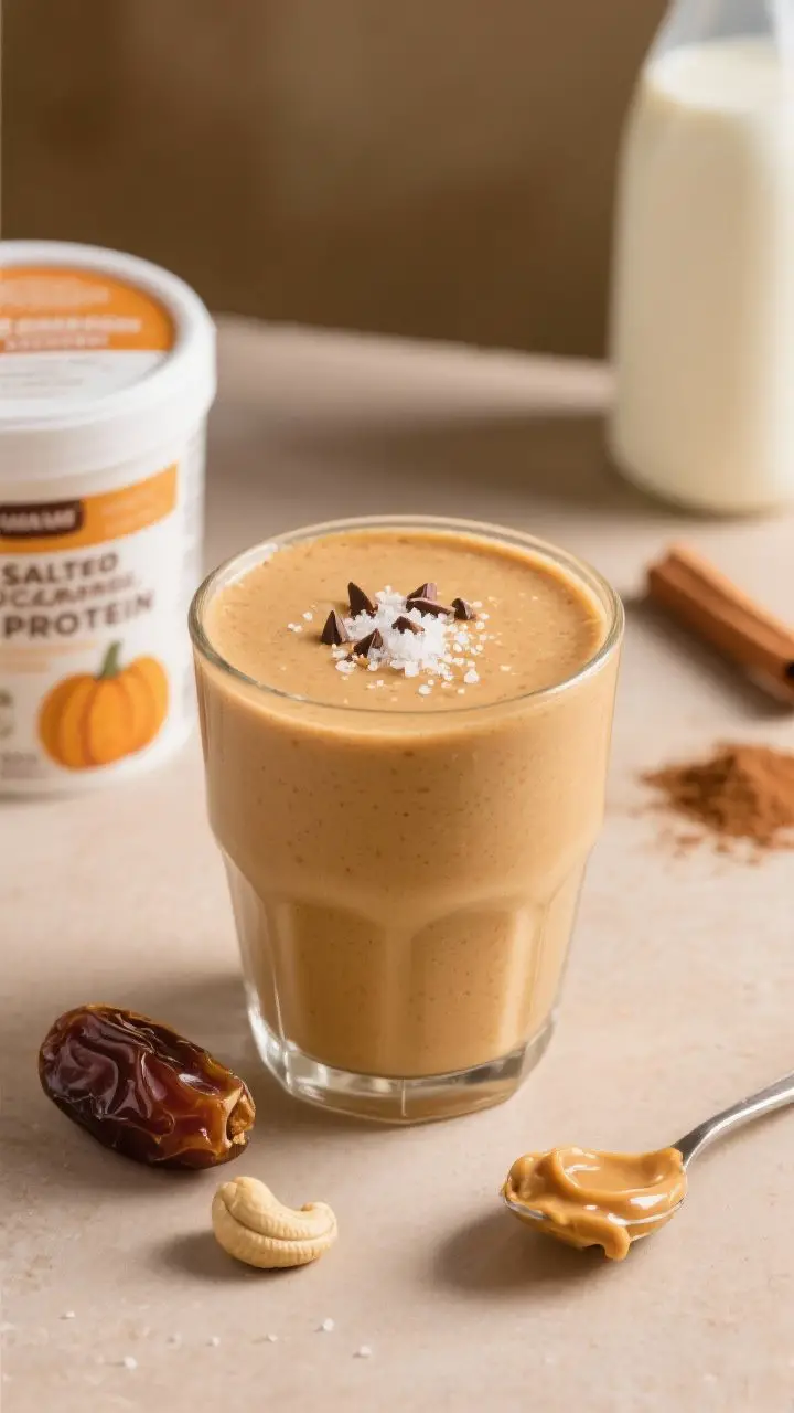 A straight-on, indulgent-yet-clean close-up of the Salted Caramel Pumpkin Protein Smoothie in a short, wide glass with a creamy, milkshake-like texture; topped with a pinch of flaky sea salt and a few cacao nibs for contrast; caramel/vanilla protein tub lid, a pitted Medjool date, peanut butter on a spoon, cashew milk carton, and a sprinkle of cinnamon in the background blur; warm neutral backdrop, soft side lighting to emphasize gloss and thickness, subtle bokeh, inviting treat-like mood.