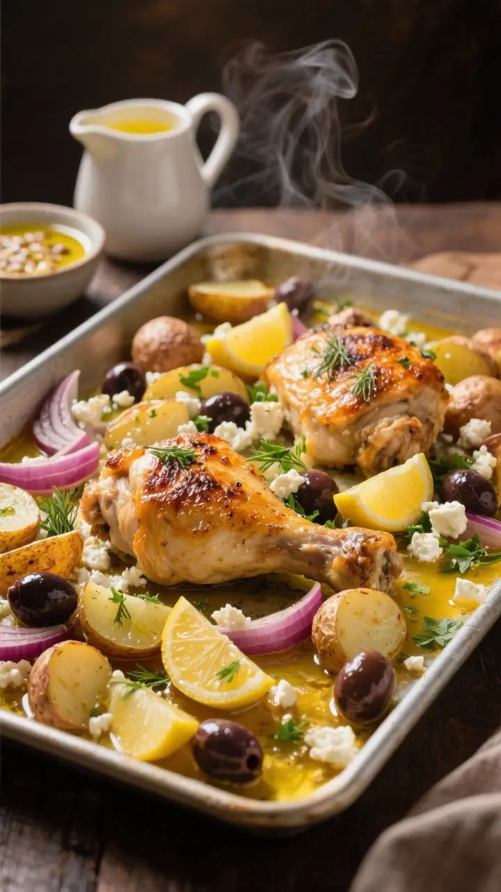 A straight-on, oven-to-table sheet pan scene of One-Pan Greek Lemon Chicken and Potatoes: bone-in, skin-on chicken thighs with blistered, golden-crisp skin nestled among halved baby potatoes and red onion wedges, Kalamata olives scattered, feta crumbles melting in spots, chopped parsley and dill sprinkled on top; glossy lemony pan juices pooling on the rimmed pan, with a small pitcher of extra lemon juice and a Dijon-spiked dressing bowl nearby; steam subtly rising, warm evening light for cozy Sunday-dinner vibes.