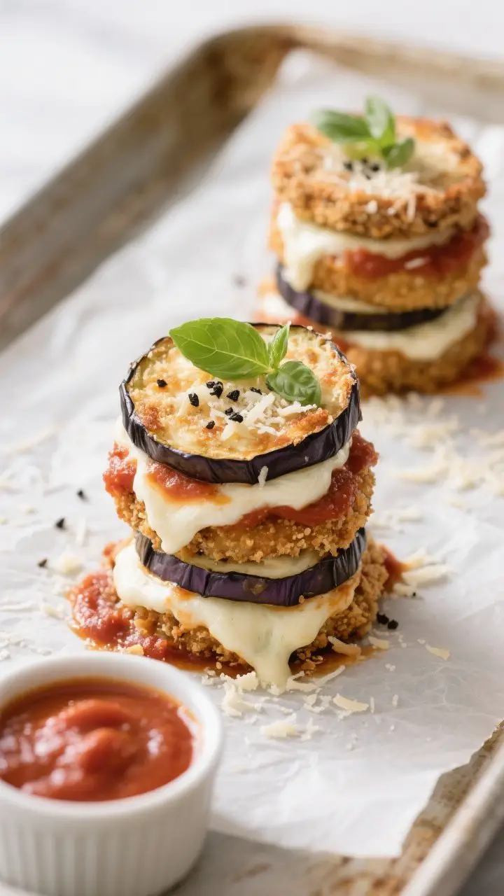 A straight-on plated presentation of Eggplant Parmesan Stacks: individual towers built from crisp, baked eggplant rounds coated in panko and Parmesan, layered with warm marinara, melted fresh mozzarella, and a finishing pinch of grated Parmesan. Cheese bubbling and slightly browned, basil leaves tucked on top, black pepper flecks visible. Serve three neat stacks on a parchment-lined baking sheet with extra marinara in a small ramekin, showcasing the crisp edges and non-soggy texture; bright, clean light for crunch detail.