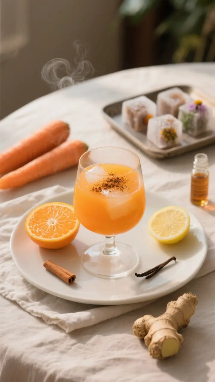 A straight-on plated presentation of the Carrot Clementine Kick poured into a stemless wine glass set over frosty echinacea tea ice cubes, showing a luminous orange juice with a light sprinkle of ground cinnamon on top and a whisper of steam-like condensation. Behind the glass, slightly out of focus: whole peeled carrots, peeled clementines (one split), a peeled 1/2 lemon wedge, a small piece of peeled ginger, a tiny vial of vanilla extract, and a few additional echinacea tea cubes on a tray. Warm morning light, subtle bokeh, creamy-orange tones evoking an “orange creamsicle” vibe, with a tidy linen for a cozy, functional wellness mood.