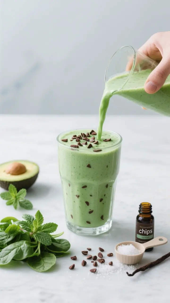A straight-on, process shot capturing the mint chip green keto smoothie mid-pour into a clear glass, vibrant pastel-green from spinach and avocado, with cacao nib “chips” visible throughout. In the foreground: a small heap of baby spinach, half an avocado, peppermint extract bottle, vanilla/collagen scoop, sweetener, and a pinch of sea salt; extra cacao nibs sprinkled on the surface of the filled glass. Cool-toned background, clean minimal styling to emphasize freshness and a dessert-like mint shake feel.