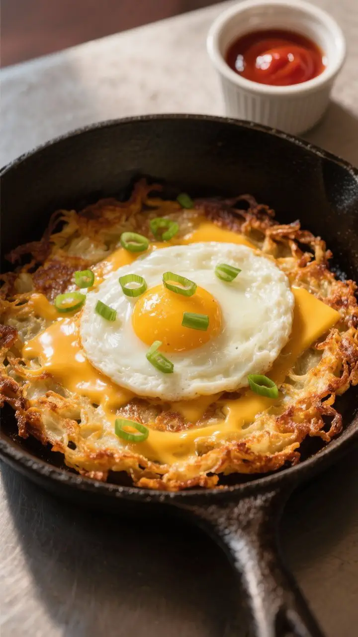 A straight-on skillet scene highlighting texture contrast: a golden, crispy hash brown rosti filling a cast-iron pan, cheddar just melted and bubbling over the surface, crowned with silky soft-scrambled eggs; thinly sliced scallions scattered on top; a side ramekin of hot sauce and ketchup; visible shattering crunch on the potato edges; warm diner vibes with directional light emphasizing crispness and creaminess.