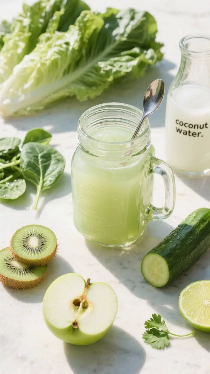 A sunny, post-workout Tropical Green Hydrator shot as an overhead flat lay: a wide-mouthed mason jar filled with light, lime-tinted juice, dilution lines showing coconut water clarity. Stirring spoon resting alongside. Surround with romaine leaves (chopped), a peeled kiwi cut in rounds, a small cucumber, half a green apple (cored), a peeled lime half, and a small handful of cilantro (optional) plus a small carafe labeled “coconut water.” Add a few extra spinach leaves nearby for the suggested boost. Bright, tropical color palette, airy styling, and natural daylight for a clean, hydrating mood.