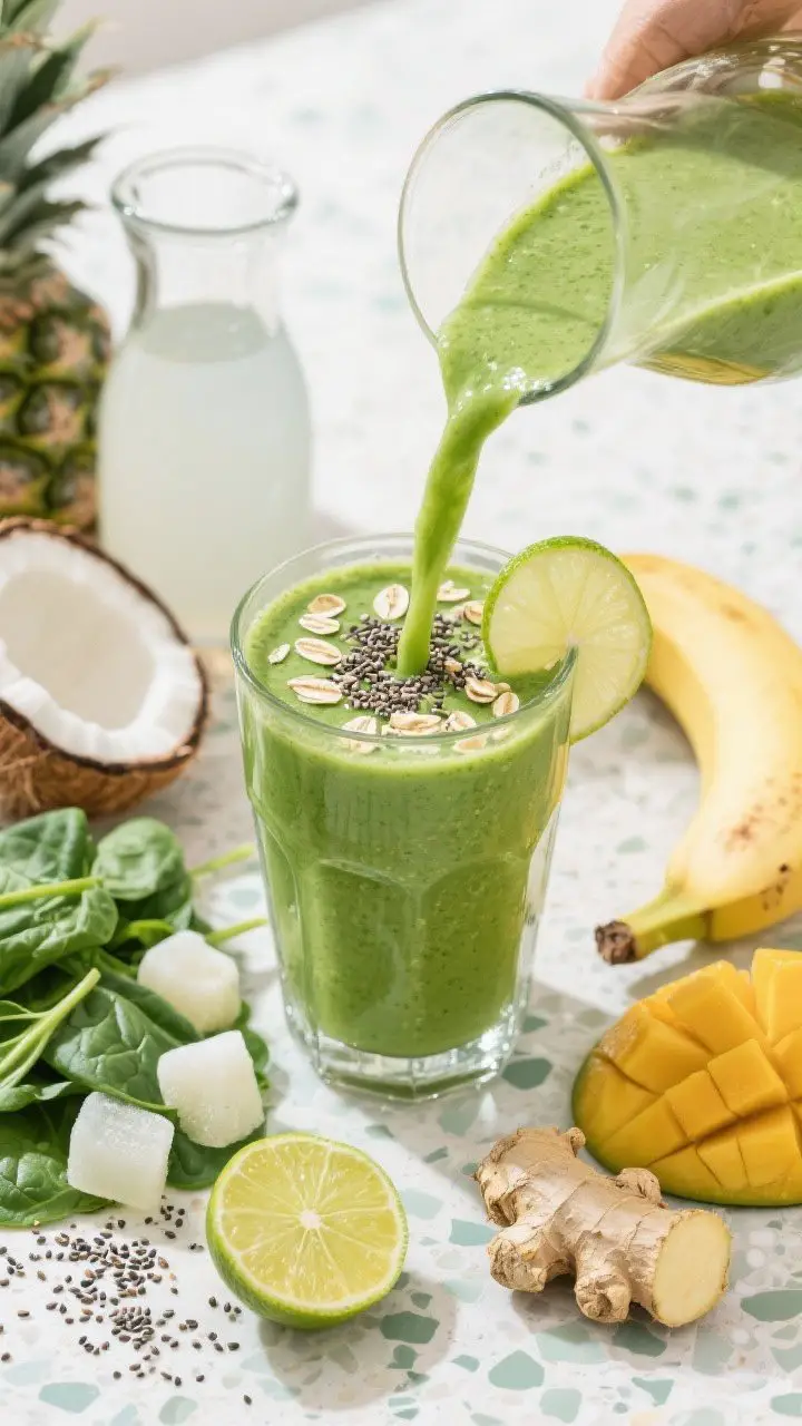 A vibrant 45-degree angle action shot of the Green Glow oatmeal smoothie being poured into a clear glass, showing its bright green, silky texture. Surround with fresh ingredients to emphasize freshness and balance: a loose handful of spinach leaves, frozen pineapple chunks, a few mango pieces, half a banana, a nub of fresh ginger with microplane, chia seeds sprinkled on the surface, and a halved lime with visible juice. Use a light, tropical mood on a pale terrazzo surface; add coconut water in a small carafe. Finish the glass with a sprinkle of chia and a lime wedge; crisp, zippy, clean styling.