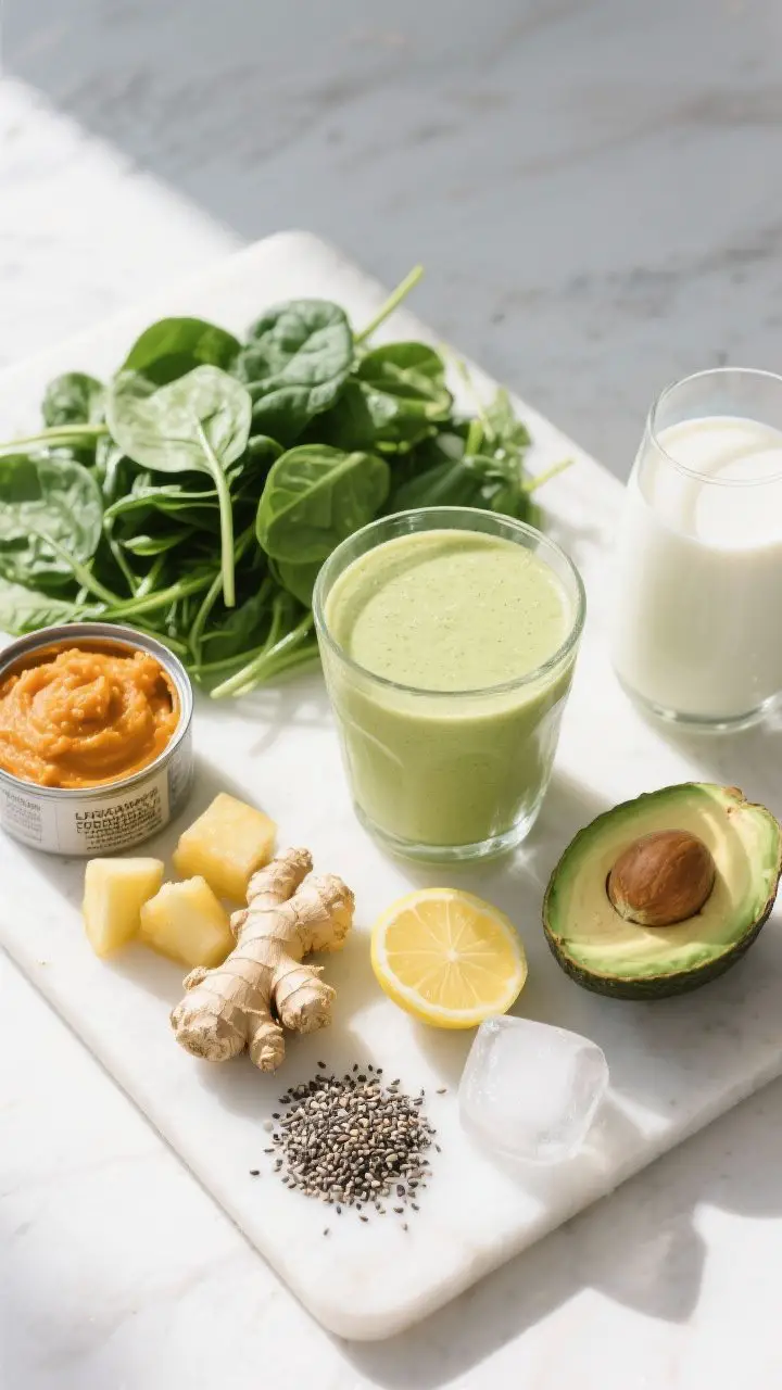 A vibrant, fresh ingredient-focused overhead shot for the Green Pumpkin Power Smoothie: neatly arranged mise en place on a white board—fresh spinach pile, canned pumpkin puree, frozen pineapple chunks, quartered ripe avocado, chia seeds, grated fresh ginger with a microplane, lemon wedge, scoop of vanilla protein powder, and ice cubes; a glass of unsweetened vanilla almond milk to the side, plus the finished smoothie in a simple glass showing a creamy light-green hue with a hint of pumpkin warmth; bright, natural daylight, crisp textures, modern wellness aesthetic.