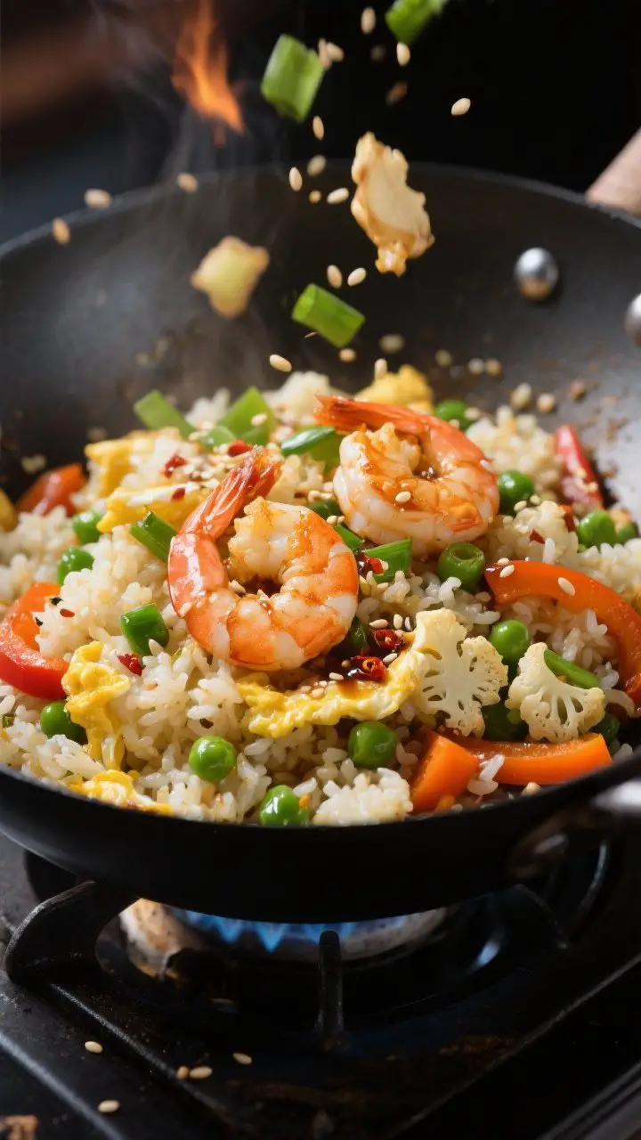 Action-focused wok shot at 45 degrees of Cauliflower Fried “Rice” with Ginger-Sesame Shrimp: tender-crisp cauliflower rice studded with diced peas, carrots, and bell pepper, scrambled egg ribboned through; sesame oil sheen and soy sauce gloss; on top, seared shrimp kissed with ginger and garlic, slightly caramelized; garnished with sliced green onions, sesame seeds, and a pinch of chili flakes; dark wok or skillet on a stovetop, high-heat stir-fry energy, contrasting textures and vivid colors.