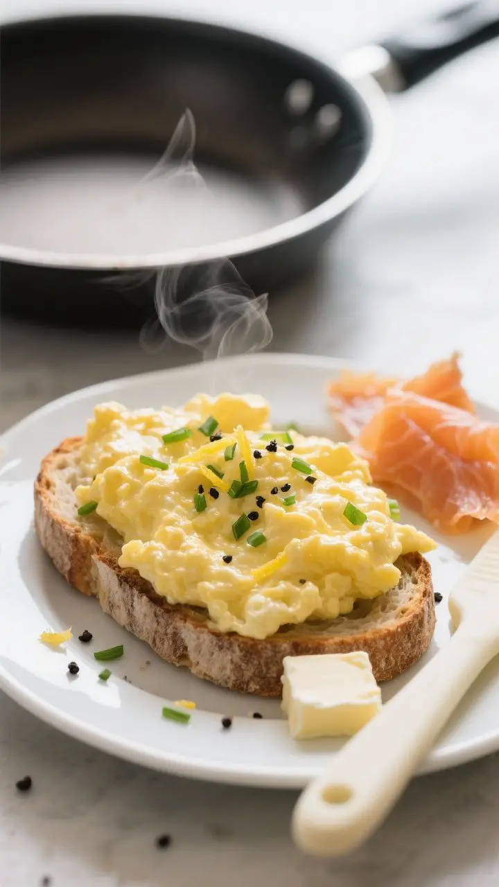 An intimate close-up at 45 degrees of creamy French-style scrambled eggs, custardy and glossy, folded with finely chopped chives and a whisper of lemon zest, melting into toasted sourdough on a small white plate; a few cold butter cubes and a silicone spatula rest beside a low-heat nonstick pan in the background; optional smoked salmon ribbons on the side; soft morning light, minimal styling, steam faintly visible, black pepper freshly cracked on top.