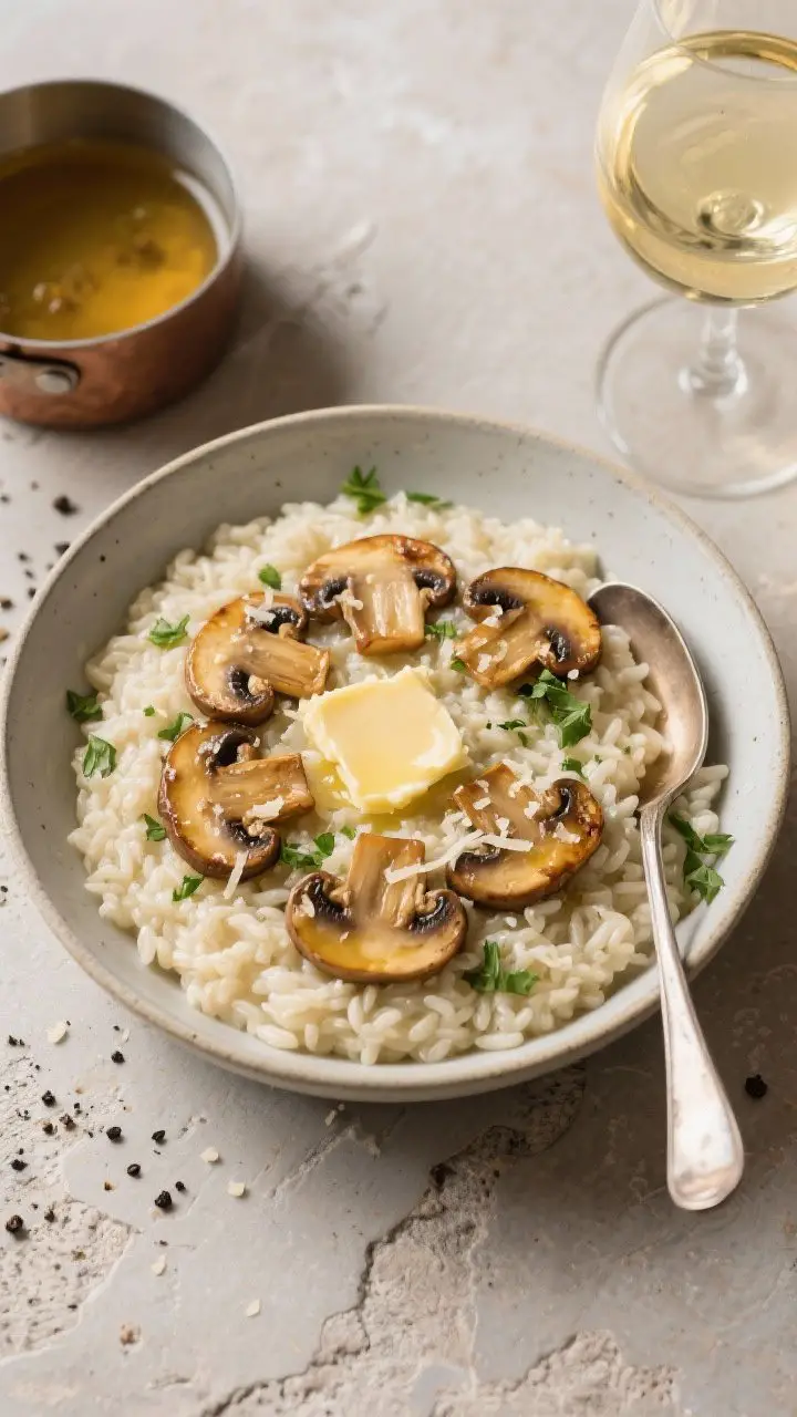 An overhead bowl shot of Parmesan Risotto with brown-butter mushrooms: ultra-creamy Arborio rice swirled with finely grated Parmesan, topped with golden, caramelized cremini mushrooms finished in browned butter. Tiny flecks of minced shallot and black pepper dot the surface, a pat of melted butter sheen at center, and a sprinkle of chopped parsley for color. Place a ladle, a small saucepan of warm broth, and a glass of dry white wine in the scene for context; neutral stone background, soft diffused light highlighting the silky texture.
