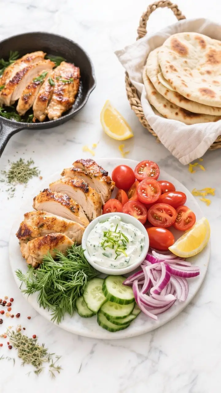 An overhead build-your-own gyro spread: crisp-edged skillet-seared chicken thighs sliced thin, piles of halved cherry tomatoes, thin red onion, Persian cucumber slices, chopped fresh dill, a bowl of garlicky tzatziki with grated cucumber, warm Greek pitas stacked in a linen-lined basket, lemon zest and wedges scattered; include a pinch of Aleppo pepper and dried oregano visible; bright, clean styling on a white marble surface to emphasize freshness and crunch.
