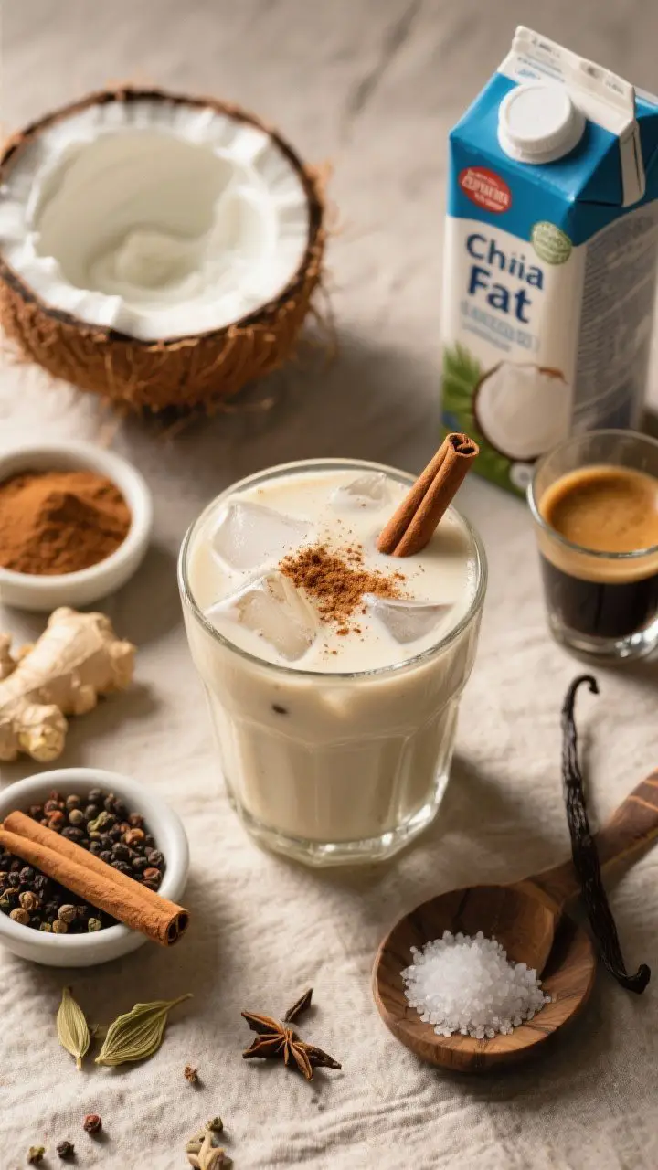 An overhead, cozy flat-lay of a coconut chai fat shake served in a short glass over ice, creamy off-white with warm spice specks; dusted with cinnamon on top. Around it: open can/bowl of coconut cream, carton-style coconut milk, small bowls of ground cinnamon, ginger, cardamom, clove, black pepper, a scoop of collagen, vanilla extract, a shot glass of cooled espresso or brewed chai, and a pinch dish of sea salt. Soft, warm lighting with a neutral linen for a comforting evening mood.