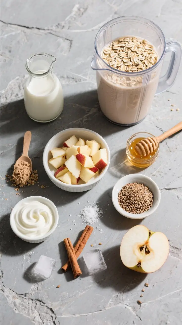 An overhead flat lay ingredient-prep scene for the Oatmeal Cookie Apple Cinnamon Shake: oat milk in a small carafe, rolled oats in a ramekin, chopped apple, a scoop of vanilla/cinnamon protein powder, Greek yogurt swirl, ground flaxseed, cinnamon, vanilla extract, honey drizzle, ice cubes, and a pinch of salt, each neatly arranged on a cool gray stone background. Include a blender jar partially filled with oat milk and oats to show the first blending step, with a tiny “oat crumble” topping (oats + cinnamon + honey) in a pinch bowl to hint at the final garnish. Clean, natural light with crisp shadows.