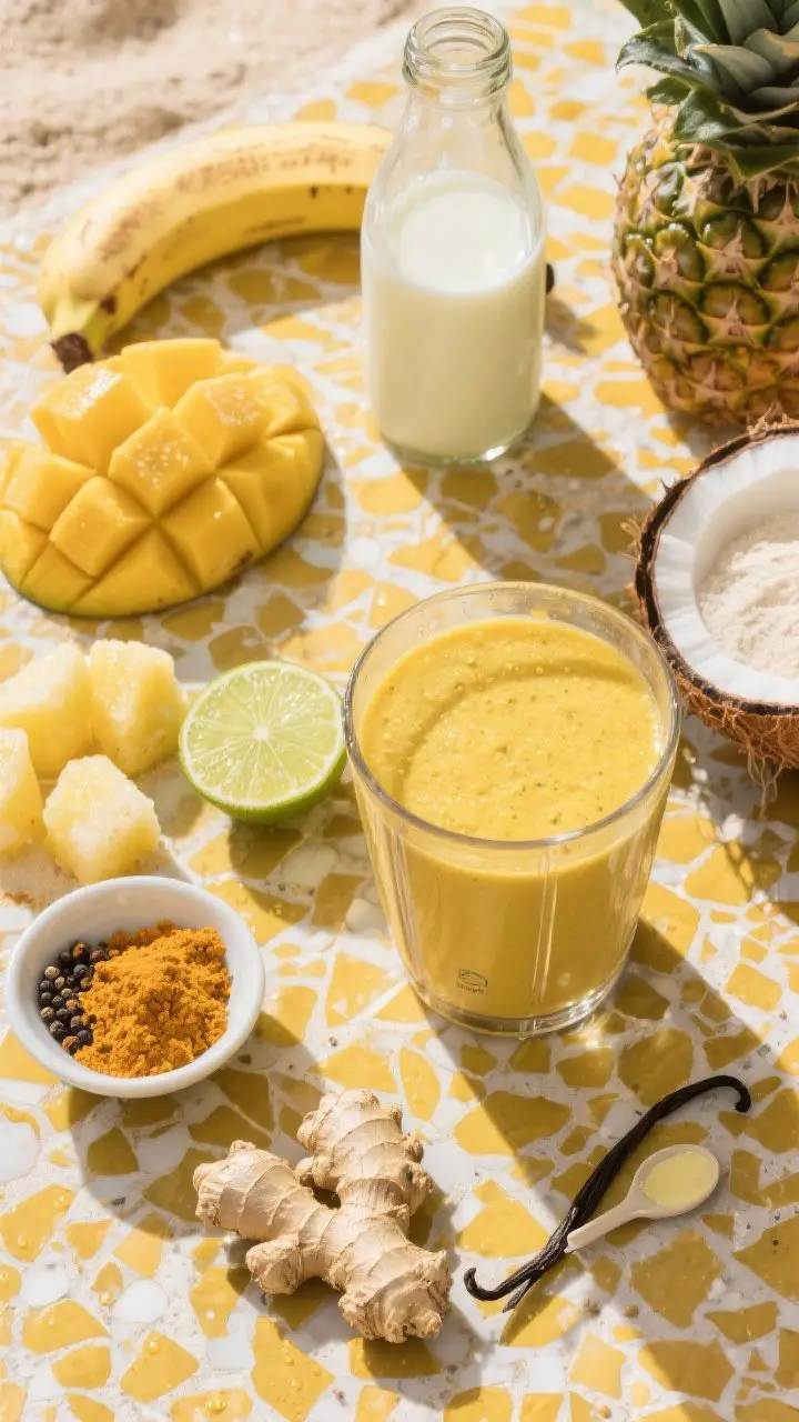 An overhead flat-lay ingredient scene for the Tropical Turmeric Recovery Glow: frozen pineapple chunks, frozen mango, half a frozen banana, lime half, coconut water in a clear bottle, light coconut milk in a small bowl, ground turmeric and fresh grated turmeric, fresh grated ginger, a pinch of black pepper, and a scoop of vanilla/unflavored protein arranged around a high-speed blender jar. Vibrant yellow-gold palette with a finished glass of the golden smoothie at the corner, condensation beading, set on sunlit terrazzo for a fresh, beachy mood, no people.