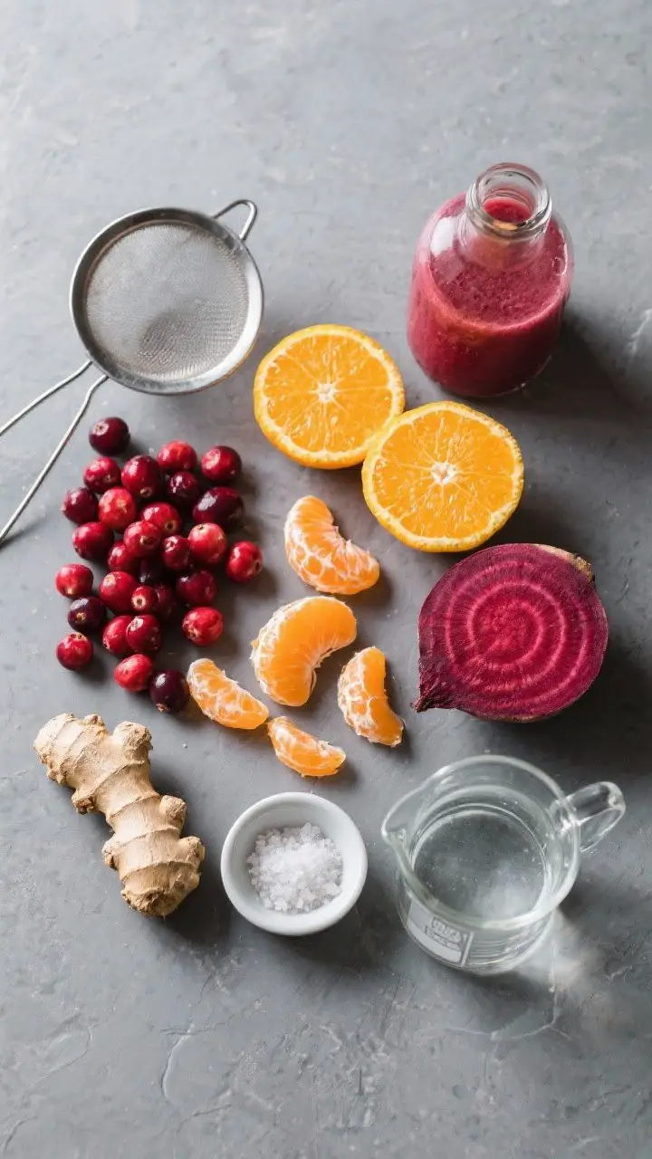 An overhead flat lay ingredients shot for Cranberry Citrus Shield on a cool slate surface: a neat circle composition featuring fresh cranberries (some slightly split), peeled navel orange segments, a peeled clementine, a halved peeled beet showing rings, a peeled 1-inch ginger knob thinly sliced, a small pitcher labeled maple syrup, a pinch bowl of sea salt, and a half cup of cold water in a clear beaker for blender method. Include a fine-mesh strainer and a glass bottle to hint at the process. Jewel-toned palette with deep crimson cranberries and beet against bright orange citrus; crisp, high-contrast lighting to emphasize textures and color saturation; no people, clean, editorial style.