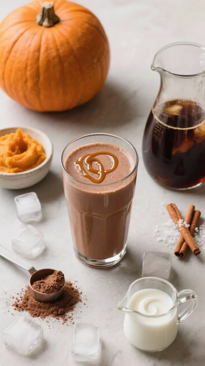 An overhead flat lay of a Maple Mocha Pumpkin Protein Shake setup styled like a coffeehouse: the final latte-thick smoothie in a tall glass with a subtle maple drizzle inside the glass, chocolate protein powder scoop and unsweetened cocoa dusted nearby, cooled cold brew in a carafe, small bowl of pumpkin puree, cinnamon stick and pinch of flaky sea salt; 6–8 ice cubes scattered, a tiny pitcher of maple syrup, and a splash of milk swirling in the blender jar to imply blending; rich mocha-brown palette with pumpkin orange accents, clean minimal backdrop, crisp highlights for that caffeinated, silky look.