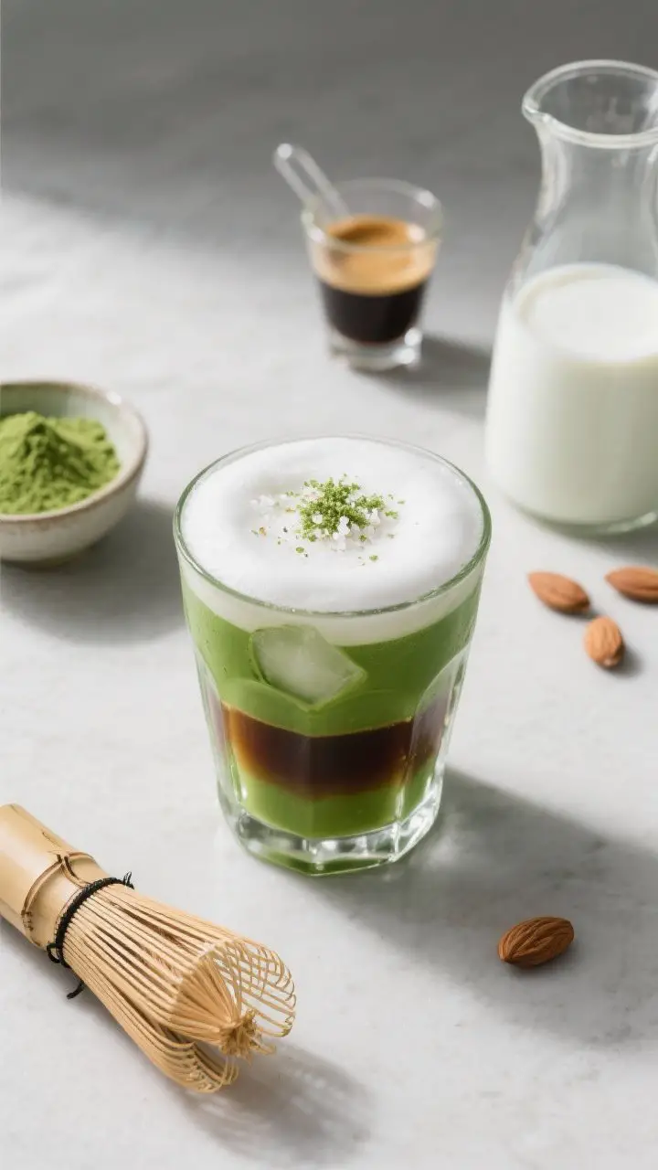 An overhead flat lay of a matcha espresso fusion build: a clear glass filled with ice, vivid green whisked matcha at the bottom, a distinct espresso layer floating above it, and a plush almond milk foam cap on top; a tiny pinch of flaky sea salt dusted over the foam; surrounding props include a bamboo whisk with matcha traces, a small bowl of sifted ceremonial matcha, a cooled double shot of espresso in a mini beaker, and a carafe of unsweetened almond milk; crisp, minimalist styling to emphasize the gradient layers and emerald hues.