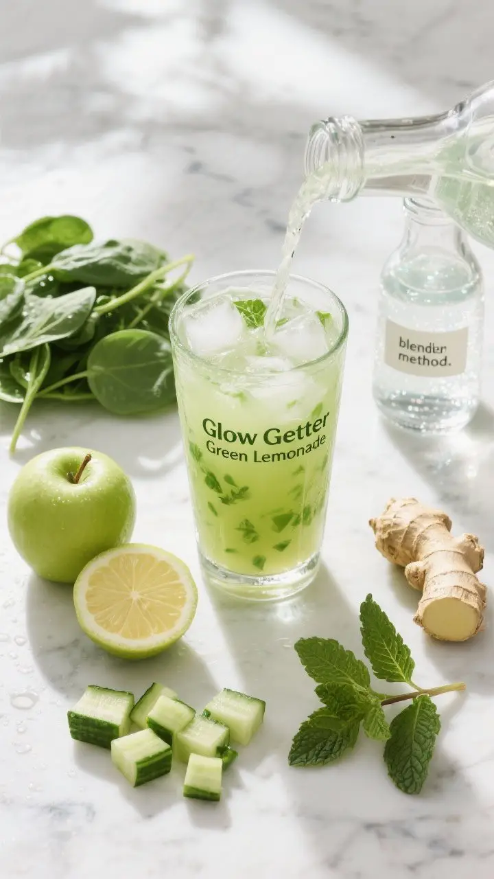 An overhead flat lay of “Glow Getter Green Lemonade” being poured over ice into a tall clear glass, showcasing vivid light-green juice with visible mint flecks. Surround the scene with its raw ingredients neatly styled: baby spinach, chopped cucumber, a halved green apple, a peeled lemon, a peeled nub of ginger, and fresh mint leaves; include a small carafe of cold water labeled “blender method.” Add a splash of chilled mineral water in a separate mini bottle for the pro-tip sparkle. Bright morning light, crisp highlights, condensation on the glass, white marble surface for a fresh, zesty mood.