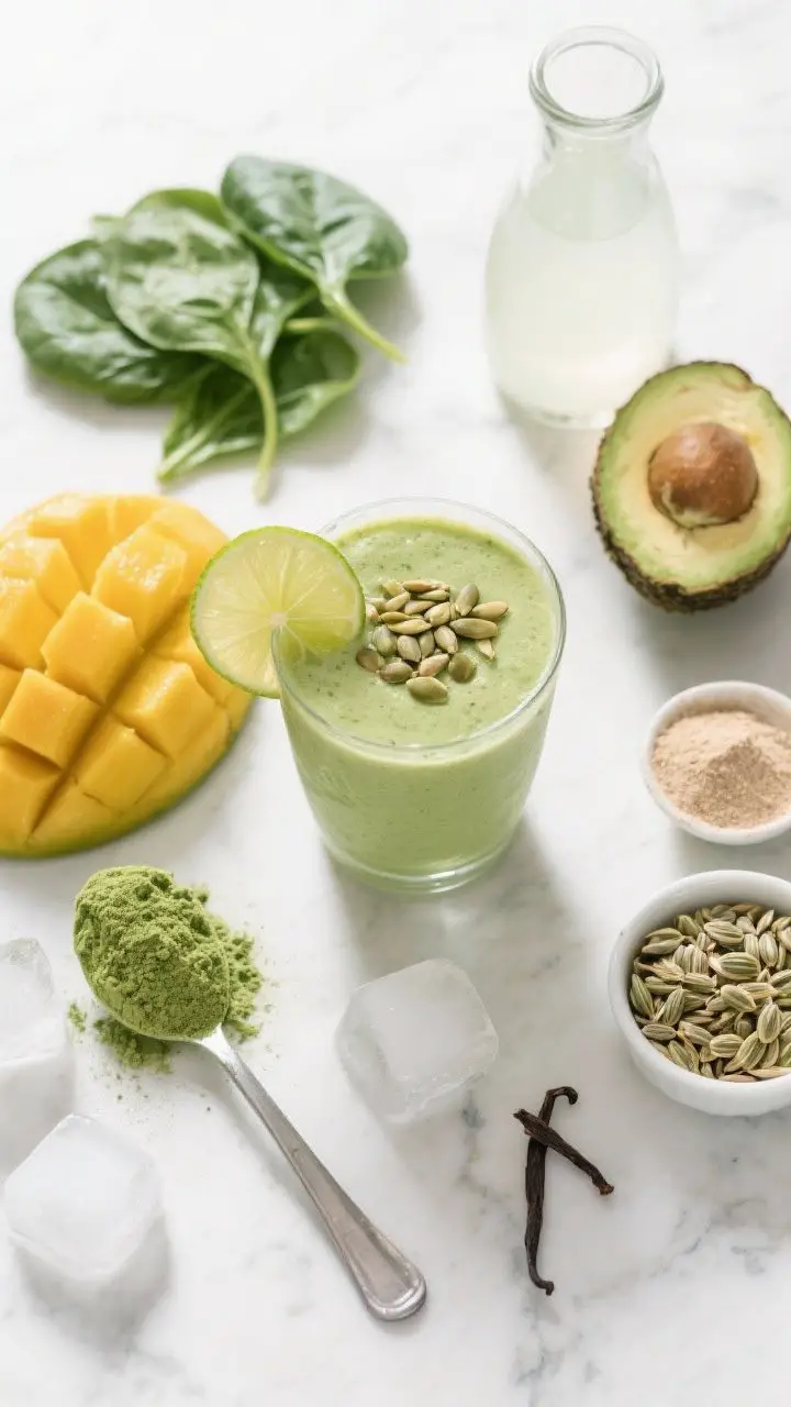 An overhead flat-lay of the Green Glow Mango Matcha ingredients and final smoothie: a vibrant light-green smoothie in a stemless glass topped with a sprinkle of hemp hearts and a wedge of lime; neatly arranged around it are frozen mango chunks, a handful of baby spinach, half an avocado, a teaspoon mound of matcha powder, a scoop of vanilla plant protein, hemp hearts, and a small carafe of coconut water; a few ice cubes for chill; bright spa-like lighting on a clean white marble background to emphasize freshness and energy.