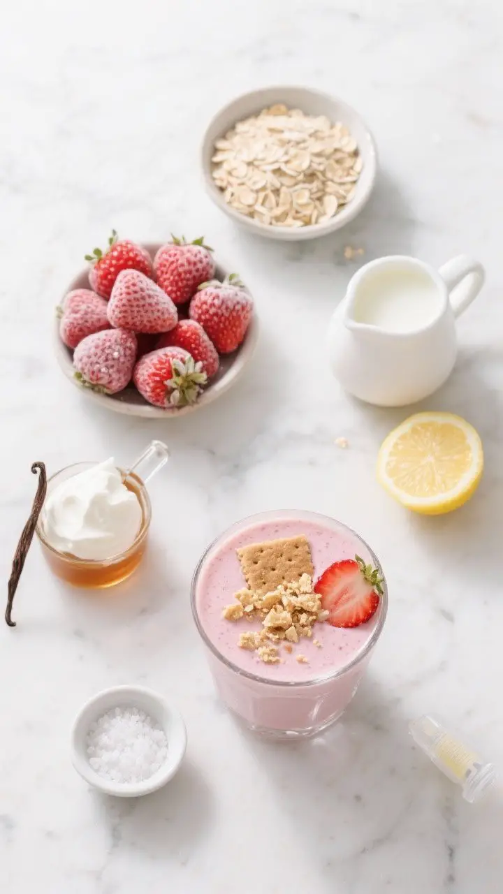 An overhead flat lay of the Strawberry Cheesecake smoothie ingredients before blending: rolled oats ground to powder in a small dish, a heap of frosty red frozen strawberries, a dollop of Greek yogurt, a small pitcher of milk, maple syrup in a tiny glass, lemon wedge, vanilla extract dropper, and a pinch bowl of sea salt. Include a separate finished glass of pale pink smoothie garnished with crumbled graham cracker and a strawberry slice to convey the cheesecake effect. Style on a cool white marble surface for brightness; keep colors vivid and clean, with condensation on the strawberries for frostiness.