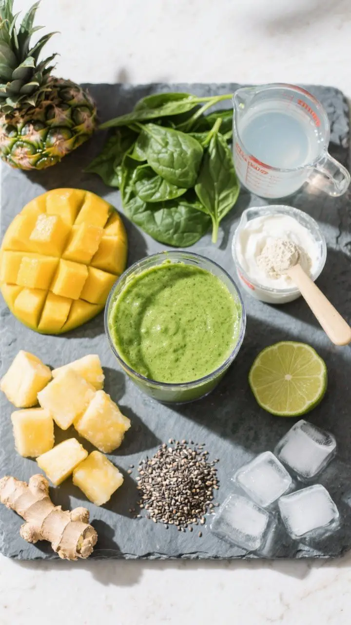 An overhead flat-lay of the Tropical Green Mango Muscle Smoothie ingredients prepped and ready: frozen mango chunks, frozen pineapple, a loose handful of fresh spinach, coconut water in a measuring cup, plain skyr/Greek yogurt, a scoop of vanilla/unflavored protein powder, chia seeds, grated fresh ginger, a halved lime, and ice cubes; arranged neatly on a cool slate board with a blender jar partially filled with vibrant emerald-green base (liquid, yogurt, protein, spinach) to show the first-blend stage; bright tropical mood, crisp shadows, no people.