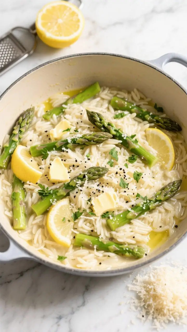An overhead one-pot scene of Lemon-Parmesan Asparagus Orzo: the wide pot filled with tender orzo in a creamy Parmesan emulsion, studded with vibrant 1-inch asparagus pieces. Lemon zest visibly sprinkled, a glossy finish of butter and olive oil, black pepper and chopped parsley scattered over the top. Include a zested lemon, microplane, and a small mound of finely grated Parmesan nearby; light, springy mood with fresh greens and yellows, marble surface, natural daylight.