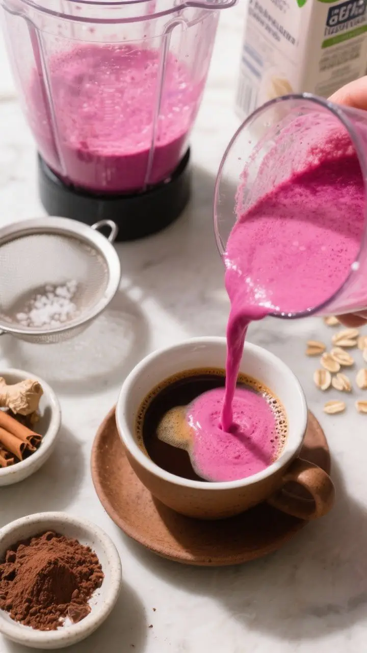 An overhead process-to-pour sequence for a beet velvet latte with espresso: a small mug holding a bold double shot of espresso, beside a blender jar filled with fluffy, hot pink beet-milk blend (from cooked beet or beetroot powder) infused with cocoa, ginger, cinnamon, maple, and a pinch of salt; a second frame or implied motion shows the magenta latte being poured over the espresso, creating a striking pink-on-brown contrast; include a sieve for optional straining, cocoa and spice pinches in tiny bowls, and an oat milk carton; bright, editorial lighting to make the vivid beet color pop and the microfoam look luxurious.