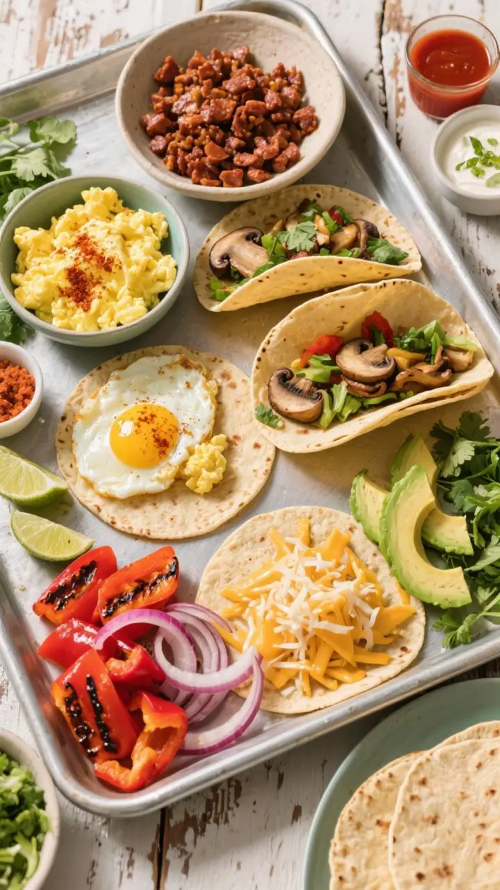 An overhead sheet-pan taco bar scene: warm flour and corn tortillas laid out with bowls of soft, glossy scrambled eggs flecked with smoked paprika, browned chorizo crumbles (and a veg option of sautéed mushrooms), roasted red bell pepper and red onion with charred edges, shredded Monterey Jack, sliced avocado, chopped cilantro, hot sauce, and a small bowl of lime crema (zest visible); bright, colorful, casual brunch vibe on a metal sheet pan and rustic table.