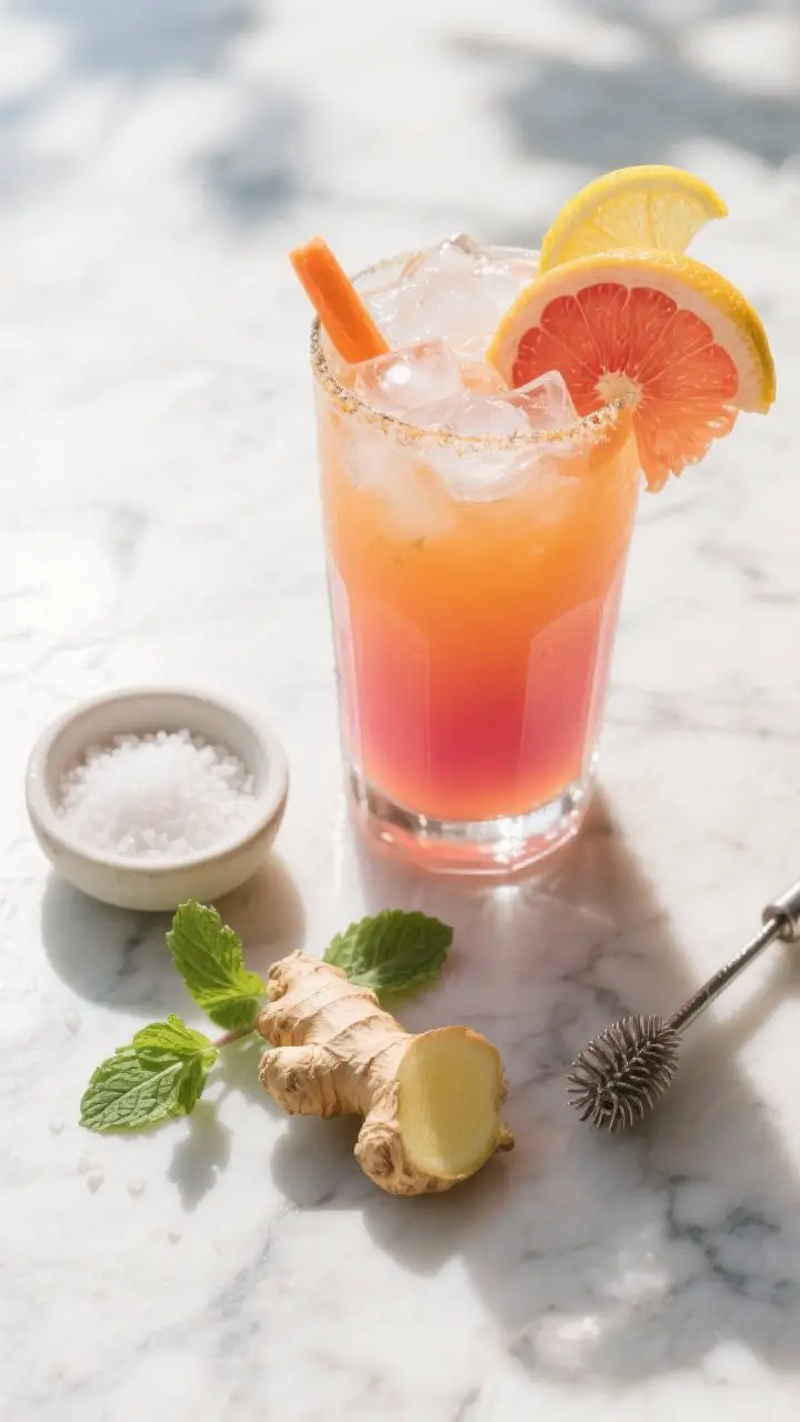 An overhead shot of a tall glass of Sunrise Citrus Zinger over clinking ice on a sunlit marble surface, the juice a vivid gradient of orange to pink from oranges, grapefruit, lemon, and a touch of carrot, with a visible slice of grapefruit and a lemon twist on the rim; nearby a small pinch bowl of sea salt, a peeled 1-inch ginger piece, scattered fresh mint leaves (optional garnish), and a muddler; bright, zesty mood, crisp reflections, no people, professional studio lighting.
