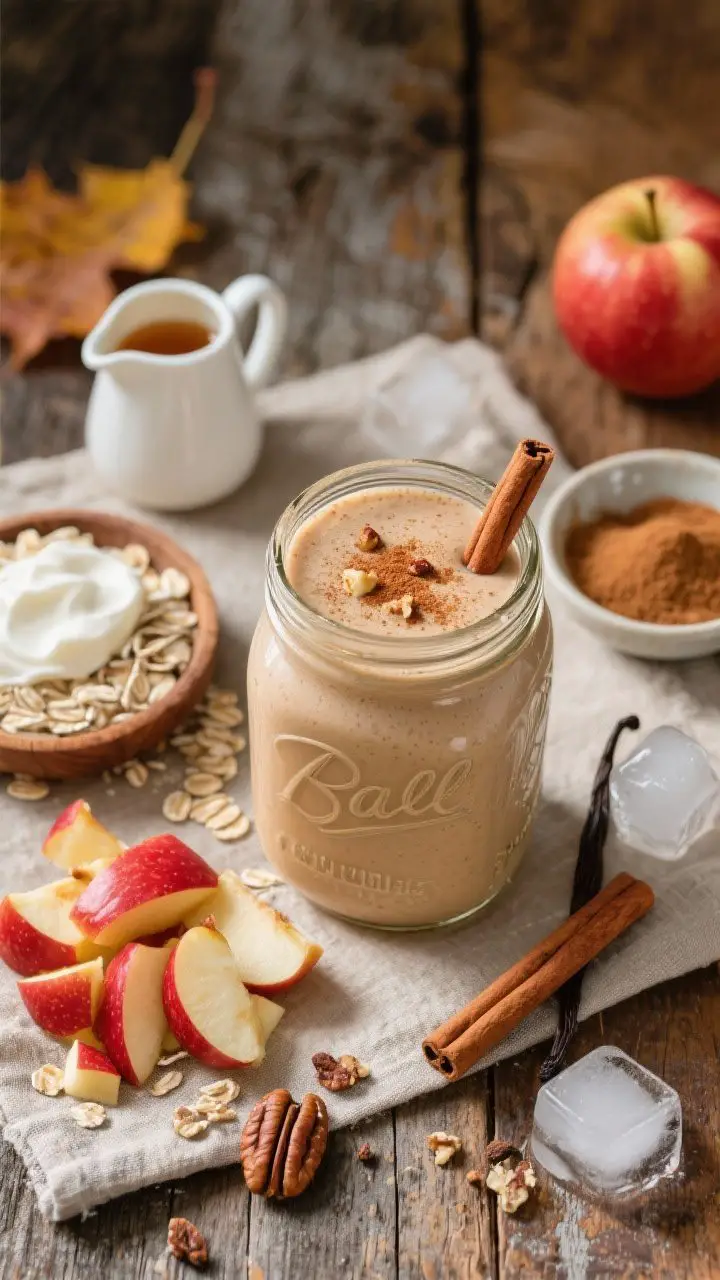 An overhead shot of the Apple Pie oatmeal smoothie styled for cozy fall: a creamy, light tan smoothie in a mason jar with a dusting of cinnamon on top, tiny apple flecks visible. Surround with the exact ingredients: chopped red-skinned apple pieces (peel on), rolled oats, Greek yogurt, pecans, maple syrup in a mini pitcher, ground cinnamon and nutmeg in pinch bowls, vanilla extract, and a few ice cubes melting slightly. Place on a rustic linen over a worn wooden table; add a cinnamon stick and a few crushed pecans on the rim for texture. Warm, inviting color temperature that evokes apple pie.