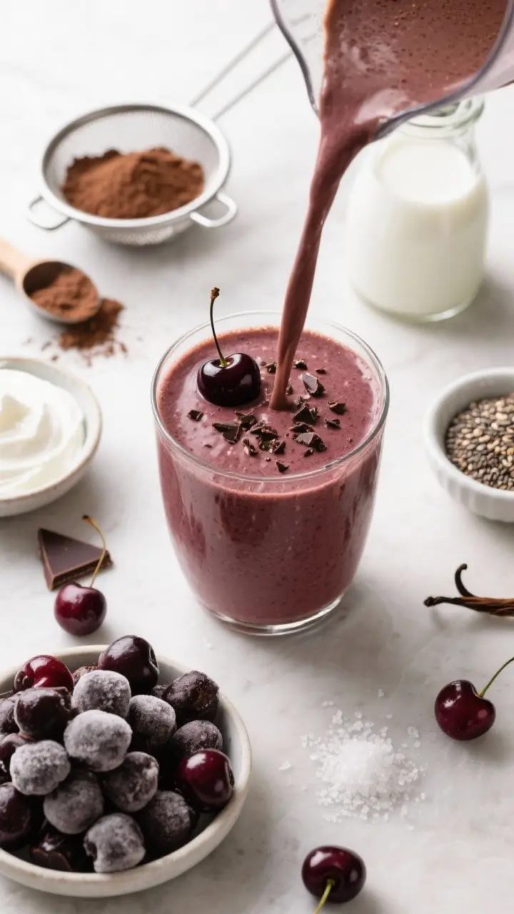 An overhead shot of the Double Chocolate Cherry Smoothie mid-blend pour into a wide glass, showing velvety texture and deep burgundy-chocolate color. Garnished with a single dark sweet cherry and flecks of finely chopped dark chocolate on top. Surrounding mise en place: frozen dark cherries scattered, chocolate protein powder scoop, Dutch-process cocoa in a sieve, plain Greek yogurt in a small bowl, unsweetened almond milk in a carafe, flaxseed/chia mix in a pinch bowl, vanilla extract, and a tiny mound of sea salt. Bright, dessert-forward styling with high contrast to evoke Black Forest cake vibes.