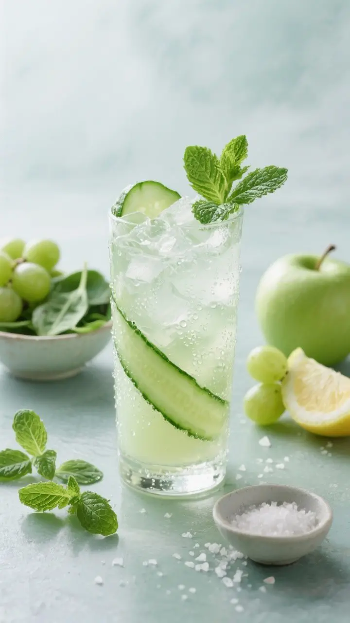 An ultra-refreshing final presentation of Cucumber Mint Cooler at straight-on eye level: a frosty highball glass packed with crushed ice, filled with pale green juice; condensation beads on the glass. Garnish with a cucumber ribbon and a lush mint sprig. Place supporting elements nearby: green grapes spilling from a small bowl, baby spinach leaves, a small green apple wedge, a peeled lemon half, and 8–10 mint leaves scattered. Include a tiny pinch of flaky sea salt on a pinch bowl to hint at the optional enhancement. Cool-toned background, spa-like mood, crisp, bright lighting.