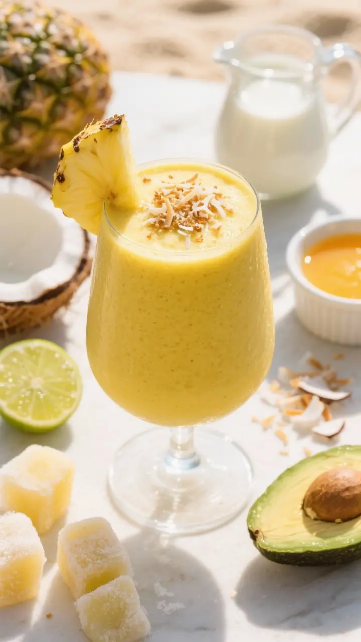 Bright overhead ingredient-to-final scene for the Tropical Banana Glow Smoothie: a vibrant yellow-gold smoothie poured into a stemless glass, frothy top, garnished with toasted shredded coconut and a small pineapple wedge; surrounding elements include frozen pineapple chunks with frost, a halved lime with a squeeze mark, coconut milk in a small pitcher, a splashy ramekin of orange juice, a few flakes of unsweetened coconut, and optional avocado quarter off to the side. Sunlit, beachy mood with lively colors—yellows, golds, and tropical whites—hinting at hydrating freshness and tangy brightness.