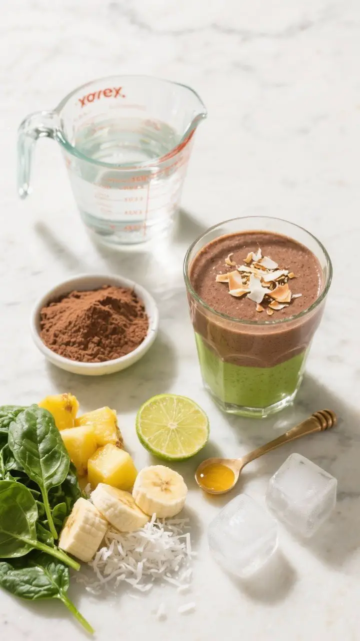 Bright overhead shot of the Tropical Choco-Banana Glow Smoothie assembly: coconut water in a measuring cup, cacao powder in a small bowl, a handful of fresh baby spinach, frozen pineapple chunks, frozen banana pieces, shredded coconut, lime wedge, honey in a tiny drizzle spoon, and a few ice cubes arranged neatly; beside them, the final smoothie in a clear glass—sunny cacao-brown with a green undertone—topped with toasted coconut; fresh, tropical mood on a light marble surface with airy daylight, emphasizing vibrant greens, pineapple yellow, and cocoa contrast.