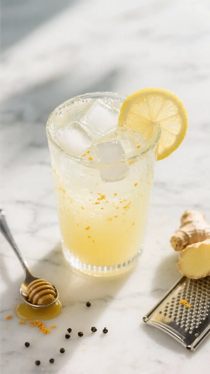 Close-up, 45-degree angle: A frosty clear tumbler of Sunrise Ginger-Lemon Kick on a light marble surface, pale yellow juice with tiny specks of turmeric and a faint swirl, clinking 4–5 ice cubes. Garnished with a thin lemon wheel on the rim and a fresh ginger slice. Visible suspended micro-bubbles from sparkling water option, a honey drizzle trail on a small spoon nearby, a pinch of black pepper scattered, and a microplane with ginger pulp beside the glass. Bright morning light, crisp highlights, minimal styling for a bold, zesty, wake-up vibe.