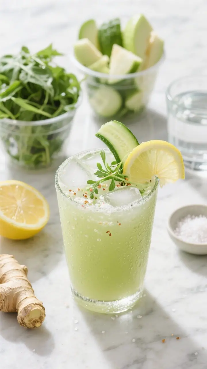 Close-up, 45-degree angle: A frosty glass of Lightning Lemon Aragula Zing on a bright marble counter, pale green juice with micro-bubbles and condensation, thin cucumber ribbon and lemon wheel garnish, flecks of aragula and ginger visible; small pinch of flaky sea salt sprinkled on top, a few ice cubes in the glass. In the soft-focus background: raw ingredients styled—2 packed cups of aragula leaves, chopped cucumber, green apple wedges, a peeled 1-inch ginger knob, halved lemon, a glass of cold water, and a tiny dish of sea salt. Crisp morning light, high contrast, clean, zippy mood.