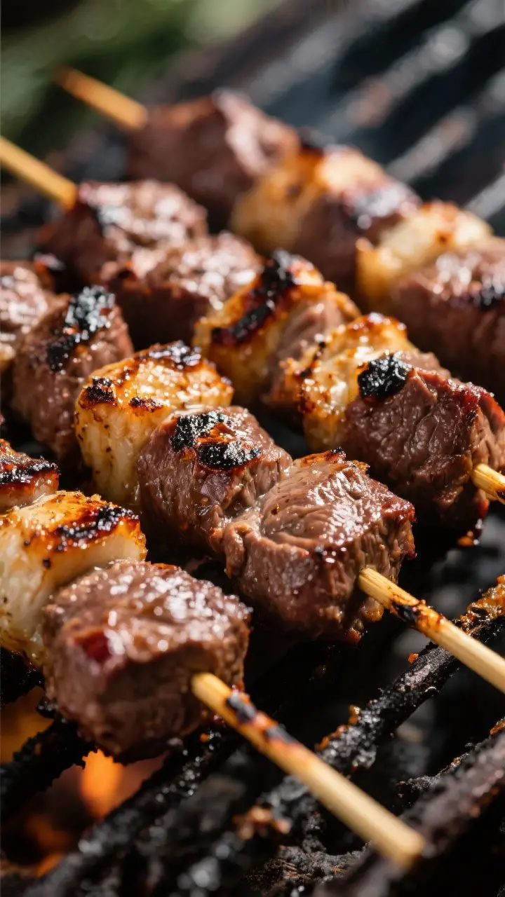 Close-up, 45-degree angle: Charred beef souvlaki skewers fresh off the grill, with juicy