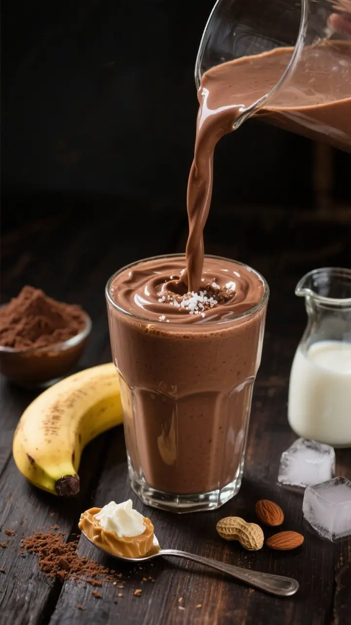 Close-up, 45-degree angle of a thick Chocolate Peanut Butter banana protein smoothie poured into a chilled clear glass, with visible creamy swirls and a light dusting of cocoa and sea salt on top; styled with ingredients around it: a ripe banana, a scoop of chocolate protein powder, a spoonful of natural peanut butter, unsweetened cocoa powder, Greek yogurt dollop, almond milk in a small carafe, and a few ice cubes melting; rich chocolate-brown tones, glossy texture, milkshake-like thickness, set on a dark wood surface for cozy, indulgent post-workout vibes; soft side lighting for sheen and depth.