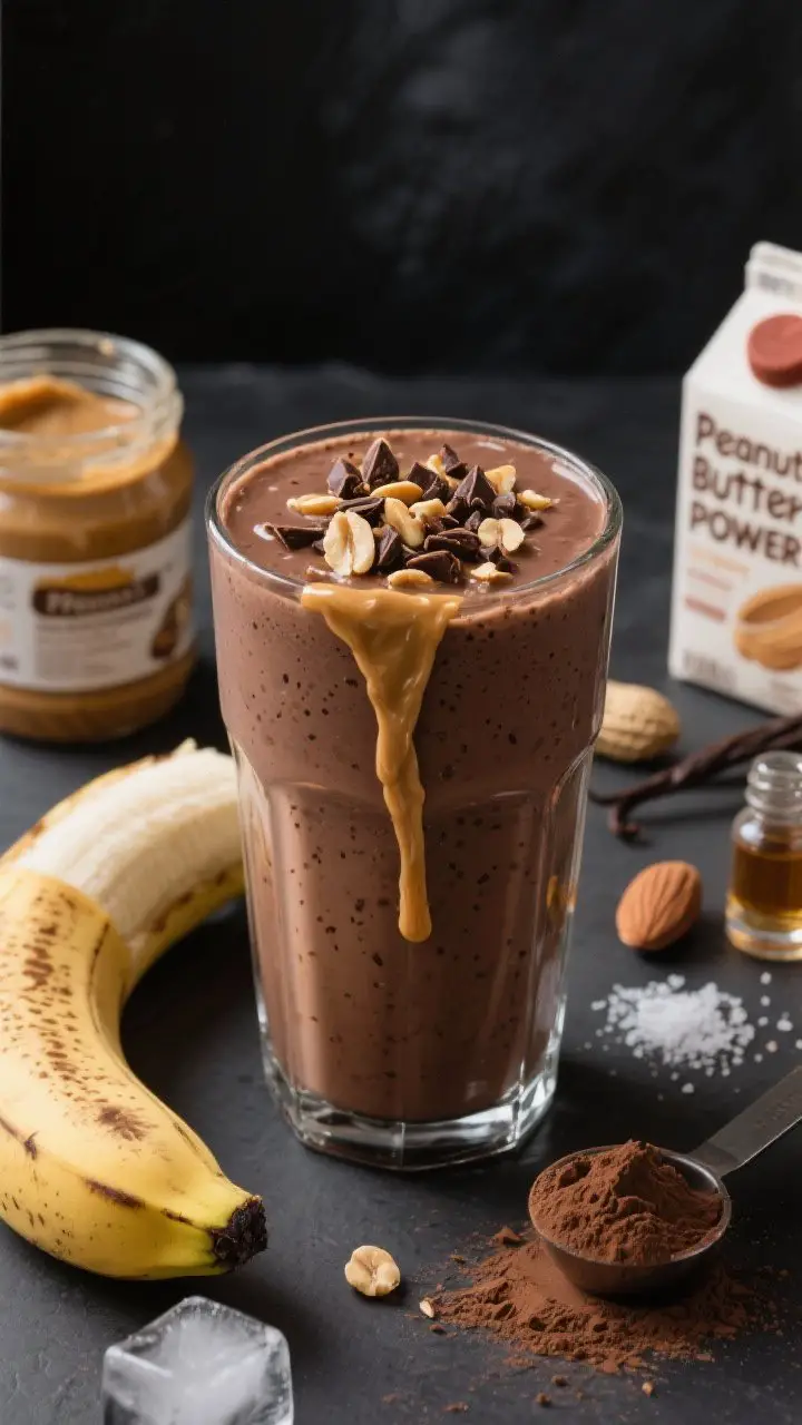 Close-up, 45-degree angle of a thick Peanut Butter Cup Power Shake poured into a clear glass, chocolate-brown and creamy with visible flecks of cocoa; topped with chopped peanuts and cacao nibs, a drizzle of natural peanut butter down the inside of the glass. Surround with key ingredients: a ripe frozen banana, an open jar of natural peanut butter, chocolate protein powder scoop, unsweetened cocoa powder, almond milk carton, vanilla extract vial, sea salt pinch, and a few ice cubes on a matte dark surface. Moody dessert-like lighting to emphasize milkshake-level thickness and gloss.