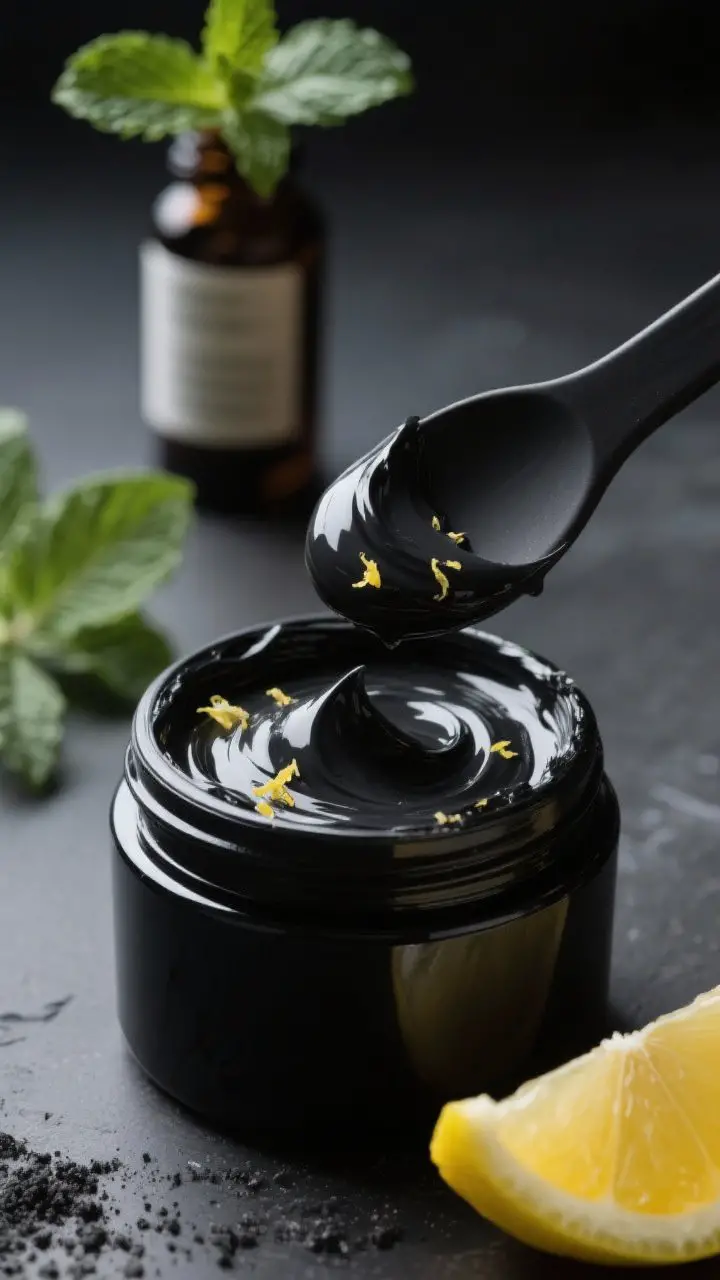 Close-up, dramatic, high-contrast shot of a glossy charcoal-citrus whitening paste in a matte black jar: creamy coconut oil base with ultra-fine activated charcoal and baking soda fully incorporated, tiny spark of lemon zest on top, and a peppermint oil bottle in the background. A black silicone spatula holds a dollop, showing smooth, inky texture; fresh lemon wedge nearby. Moody side light, rich textures, clean surfaces, hints of citrus freshness without mess.