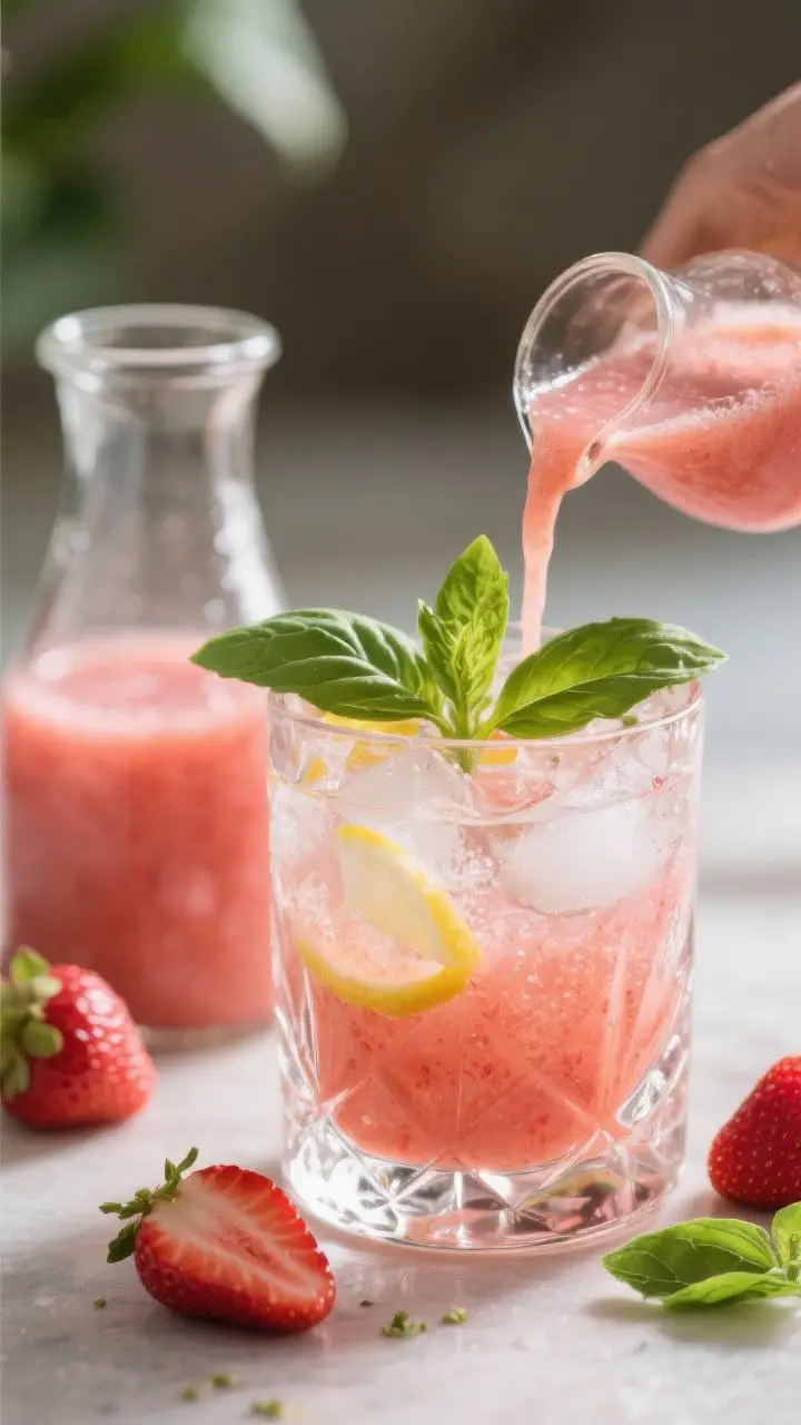 Close-up focusing on the Strawberry Basil Coconut Sipper’s color and aromatics: a clear rocks glass over ice with a rosy strawberry-coconut hue, faint pulp shimmer, thin lemon oil slick on top. Fresh basil leaves tucked as garnish, additional bruised basil and hulled strawberries scattered artfully. A small pour spout carafe with the strained puree in frame. Soft natural light, bokeh background, highlighting juicy berries and glossy basil for a summery, elegant feel.
