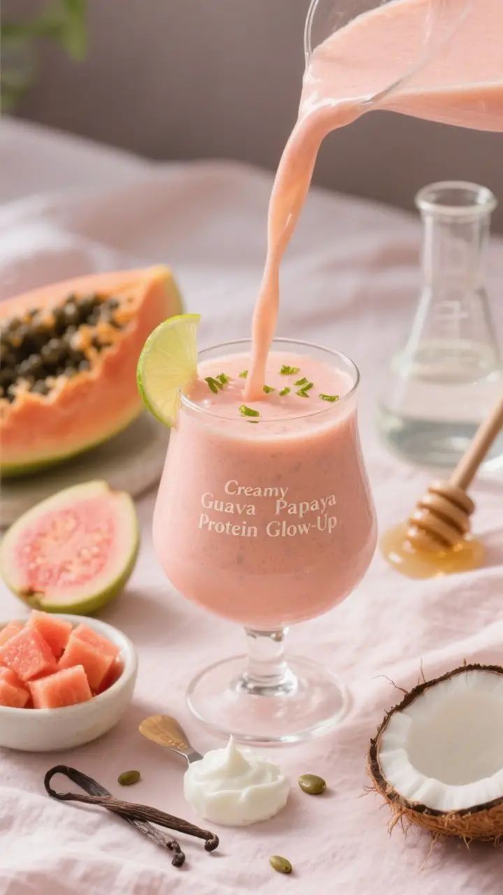 Close-up, glossy-smooth final pour of the “Creamy Guava Papaya Protein Glow-Up”: a creamy peach-pink smoothie in a curved glass, thick and velvety with soft sheen; garnish of lime zest and a few papaya seeds for contrast; nearby props include ripe papaya cubes, a small bowl of guava pulp/nectar, vanilla protein scoop, Greek or coconut yogurt dollop, coconut water in a beaker, and a honey dipper; spa-like, relaxed mood with pastel linens and gentle backlight.