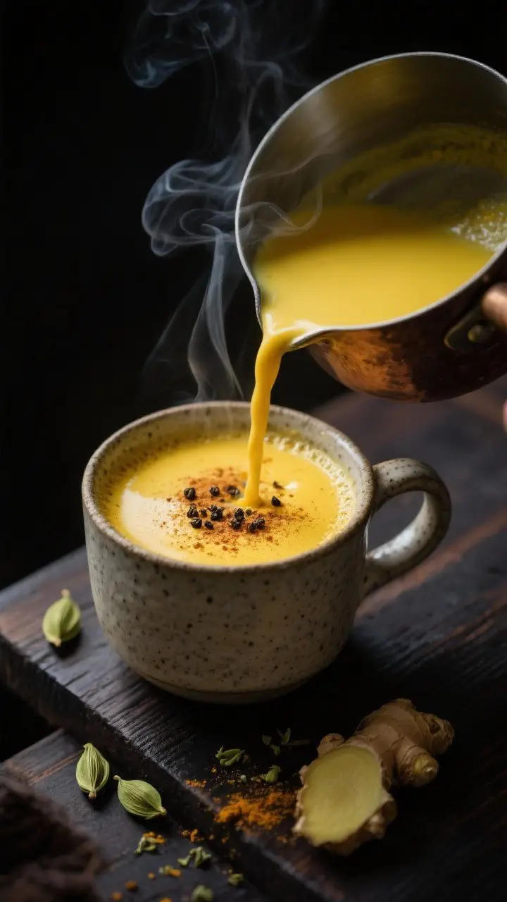 Close-up, low 45-degree nightcap scene: a small saucepan pouring velvety golden turmeric-cardamom warm milk into a stoneware mug; the milk is a rich yellow with microfoam, a faint sprinkle of cinnamon on top, tiny black pepper specks visible, and a few crushed green cardamom pods plus a removed ginger slice on the counter; styled on a dark wood surface with moody, bedtime lighting, creamy texture emphasized, steam curling upward.