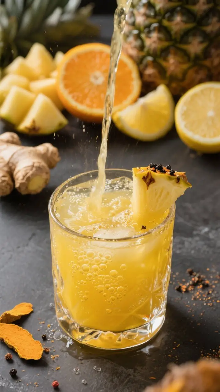 Close-up macro of a Spicy Pineapple Detox Splash being poured into a chilled rocks glass, golden-yellow with suspended micro-bubbles, garnished with a sliver of fresh turmeric and a pineapple wedge; black pepper visibly dusted atop the surface; in the background: pineapple chunks, peeled orange, lemon half, and a peeled ginger knob; tropical, anti-inflammatory mood with punchy color contrast and a soft backlight.