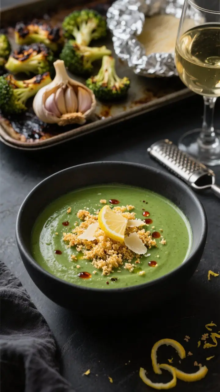 Close-up macro of roasted broccoli and garlic soup with crispy Parmesan crumbs: silky, deep green soup in a charcoal bowl, surface glistening, with visible charred-roast specks. Crown the center with golden panko-Parmesan-lemon zest crumbs, extra grated Parmesan, and a micro drizzle of chili oil. Edge of frame shows a sheet pan with charred broccoli florets and a foil-wrapped roasted garlic head cut open to reveal caramelized cloves. Include a small glass of dry white wine nearby and a zester with curls of lemon zest. Moody, directional light to highlight texture contrast between creamy soup and crunchy topping.