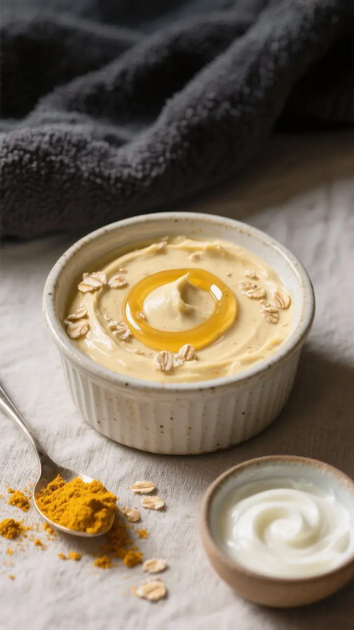 Close-up macro of the yogurt, turmeric, and oat mask just mixed: a small ceramic ramekin holding a creamy, pale golden paste with visible specks of oatmeal and a glossy ribbon of honey on top. A teaspoon resting nearby dusted with turmeric, a tiny pinch of vibrant yellow powder on the surface, and a dollop of full-fat yogurt in a separate mini bowl. Subtle swirl texture in the mask to show thickness; cool-to-warm contrast lighting on a neutral linen, dark towel in the background hinting at turmeric staining.