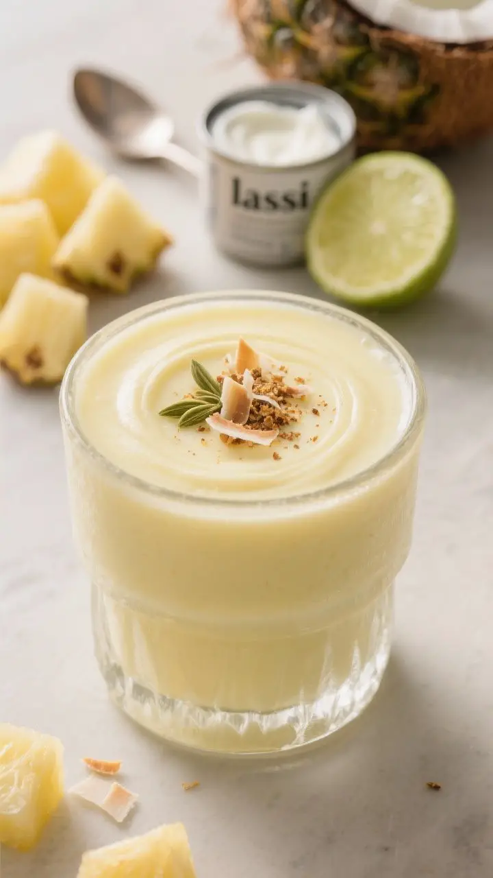 Close-up of a creamy pineapple coconut “lassi” in a chilled, slightly frosted stemless glass, thick and silky with a pale pastel yellow color; topped with a sprinkle of ground cardamom and toasted coconut flakes, a subtle swirl on the surface; in the background, blurred ingredients: frozen pineapple pieces, a spoonful of yogurt, an opened can of coconut milk, and a wedge of lime; soft morning light, cozy tropical vibe, minimal props, creamy texture emphasized.