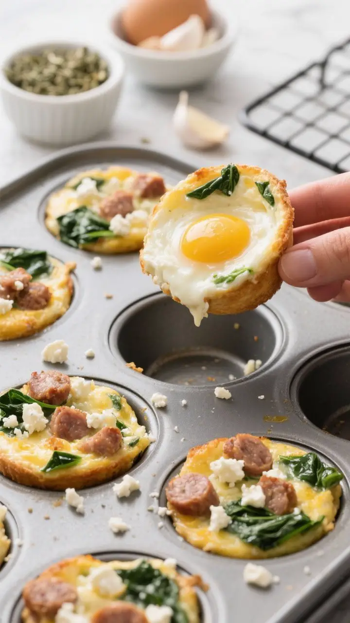 Close-up of tender sausage, spinach, and feta egg bites in a muffin tin, just out of a 300°F oven: custardy, slightly puffed tops with scattered crumbles of feta and fine crumbles of cooked sausage peeking through, flecks of green spinach. One egg bite lifted to show silky interior from the egg-cottage cheese blend. Minimal props: small bowls of dried oregano, garlic and onion powder, and a cooling rack. Clean, modern, grab-and-go vibe.