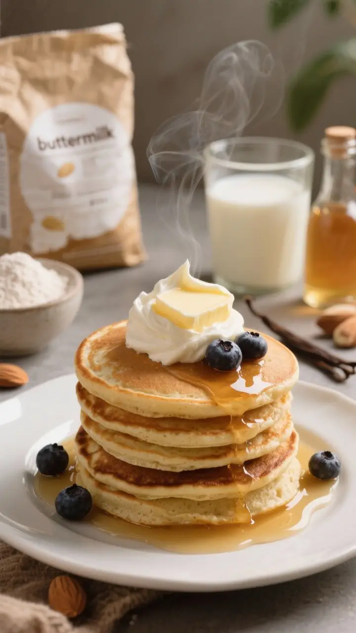 Close-up plated stack of small almond flour “buttermilk” pancakes, evenly golden with tender crumb, topped with a glossy dollop of vanilla mascarpone (soft peaks), a pat of butter melting, and a few minimal berries; gentle drizzle of keto maple syrup pooling around the base; background props: almond flour bag, a small bowl of coconut flour, a cup with soured almond milk (apple cider vinegar nearby), and vanilla extract; warm, cozy morning light with steam rising subtly.
