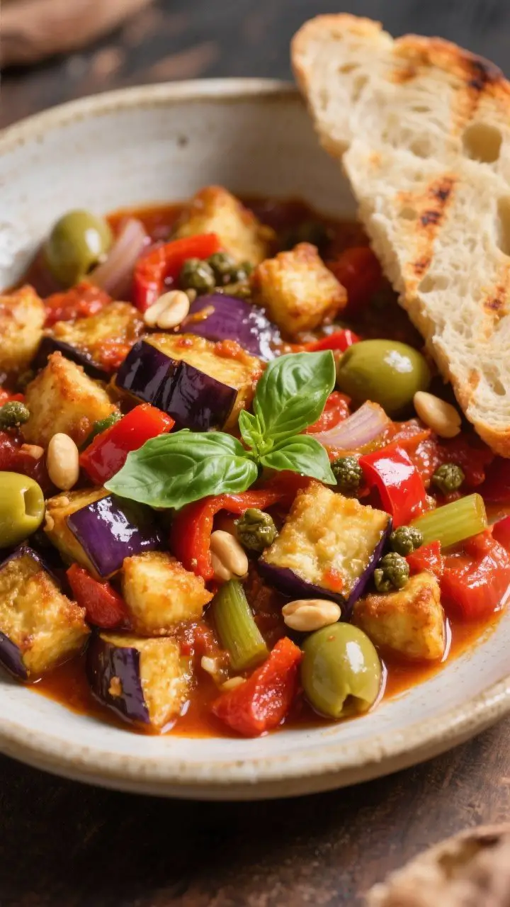 Close-up, rustic platter of Sicilian caponata-style eggplant stew at room temperature: golden-fried eggplant cubes coated in a tangy-sweet tomato base with red bell pepper, onion, and celery, studded with green olive slices, briny capers, and toasted pine nuts; finished with torn basil and a final shine of olive oil; colors pop—deep reds, glossy purples, vibrant greens; served in a low, wide ceramic bowl with a slice of grilled country bread nearby; bright yet soft Mediterranean light for vivid contrast.