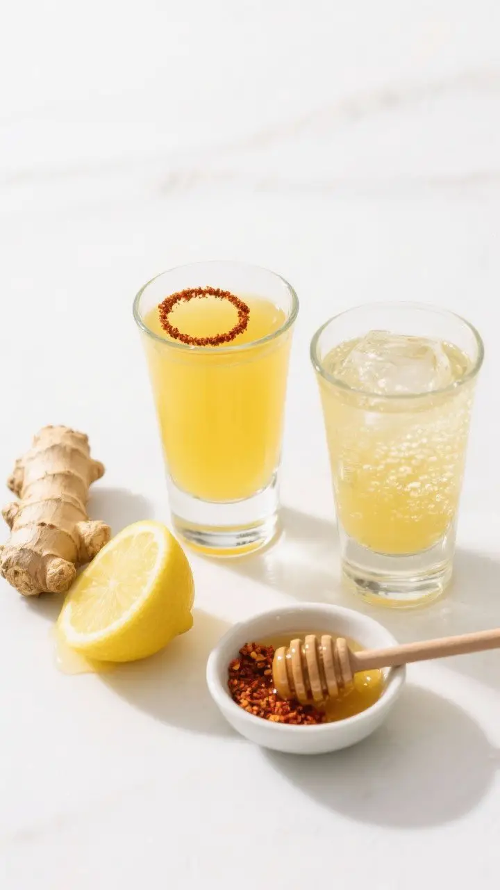 Close-up shot of the Ginger-Lemon Cayenne Reset Shot duo: two small clear shot glasses filled with a bright, opaque yellow liquid, a fine cayenne ring floating on top; next to them, a second glass of the dilute version over ice with sparkling water, faint bubbles rising; styled with a peeled lemon, a 2-inch ginger piece, a honey dipper with a drip of raw honey, and a tiny cayenne pinch bowl; crisp, fiery, energized composition on a clean white surface.