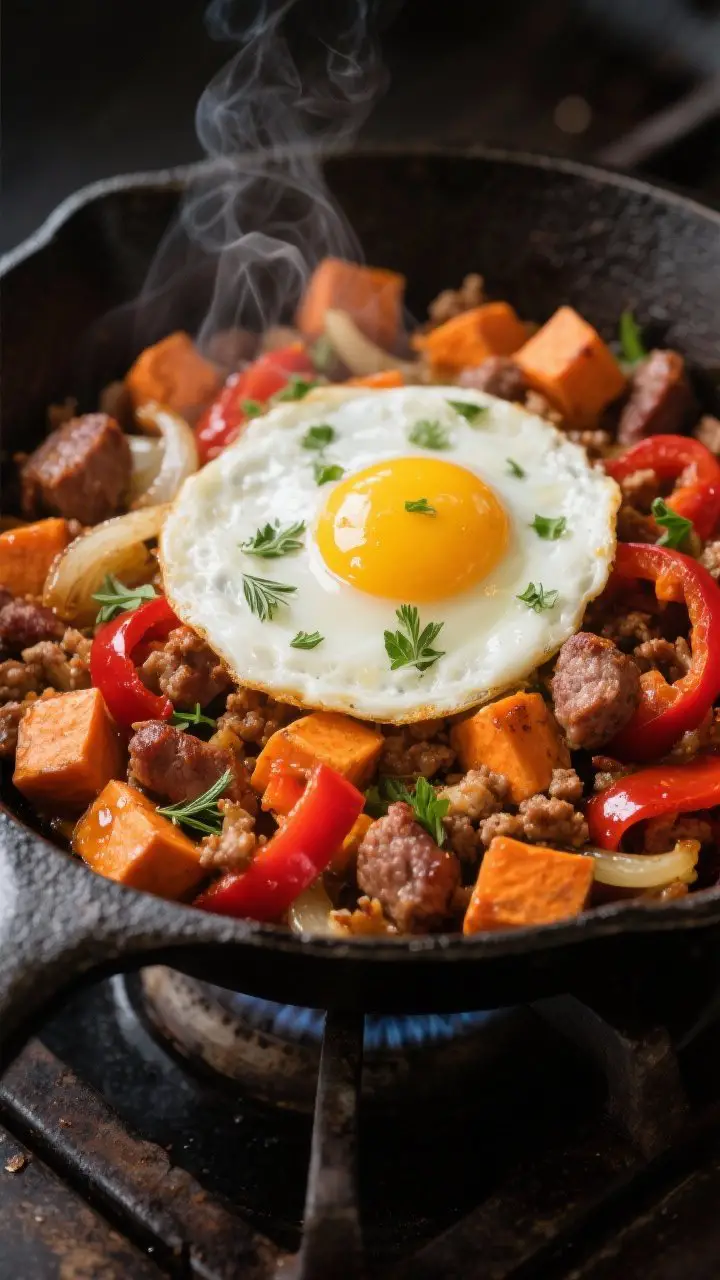 Close-up skillet scene of maple-sage breakfast sausage hash: crisp-edged orange sweet potato cubes, browned sausage crumbles, sautéed red bell pepper and onion, ribbons of steam, glossy from a maple syrup finish; a just-fried sunny-side-up egg with runny yolk centered on top, flecks of chopped fresh sage and parsley; shot straight-on at pan level for sizzle and texture, cast-iron skillet on a dark rustic stovetop.